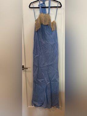 August  Blue Maxi Skirt with Gold Fringe Detail size M/L NWT BABY blue dress
